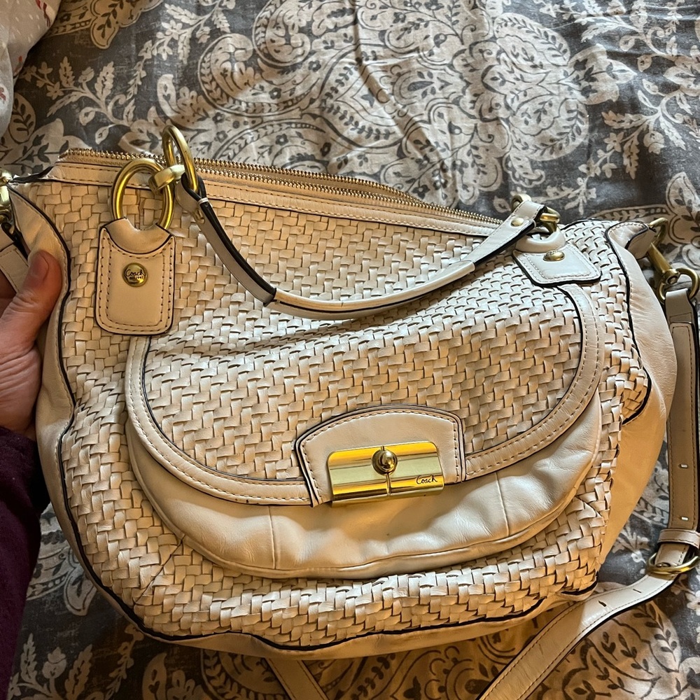 White woven front coach bag